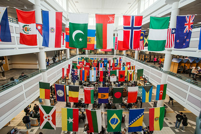 Dozens of flags from around the world hang inside the Johnson Center during International Week at the Fairfax Campus.