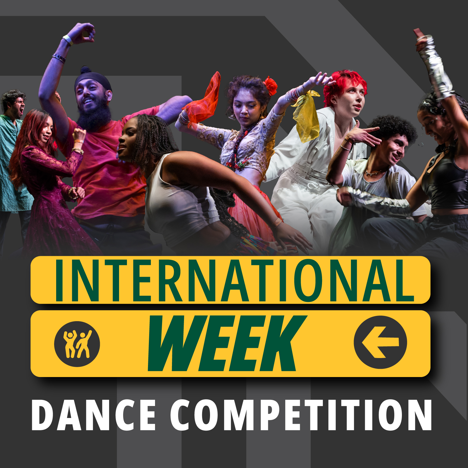 Promotional graphic for George Mason University’s International Week Dance Competition. The design features a group of diverse students dancing in different styles and cultural attire across the top of the image. Bold green and gold text reads “International Week,” with “Dance Competition” below. The background uses dark tones with geometric patterns and includes dance-themed icons.